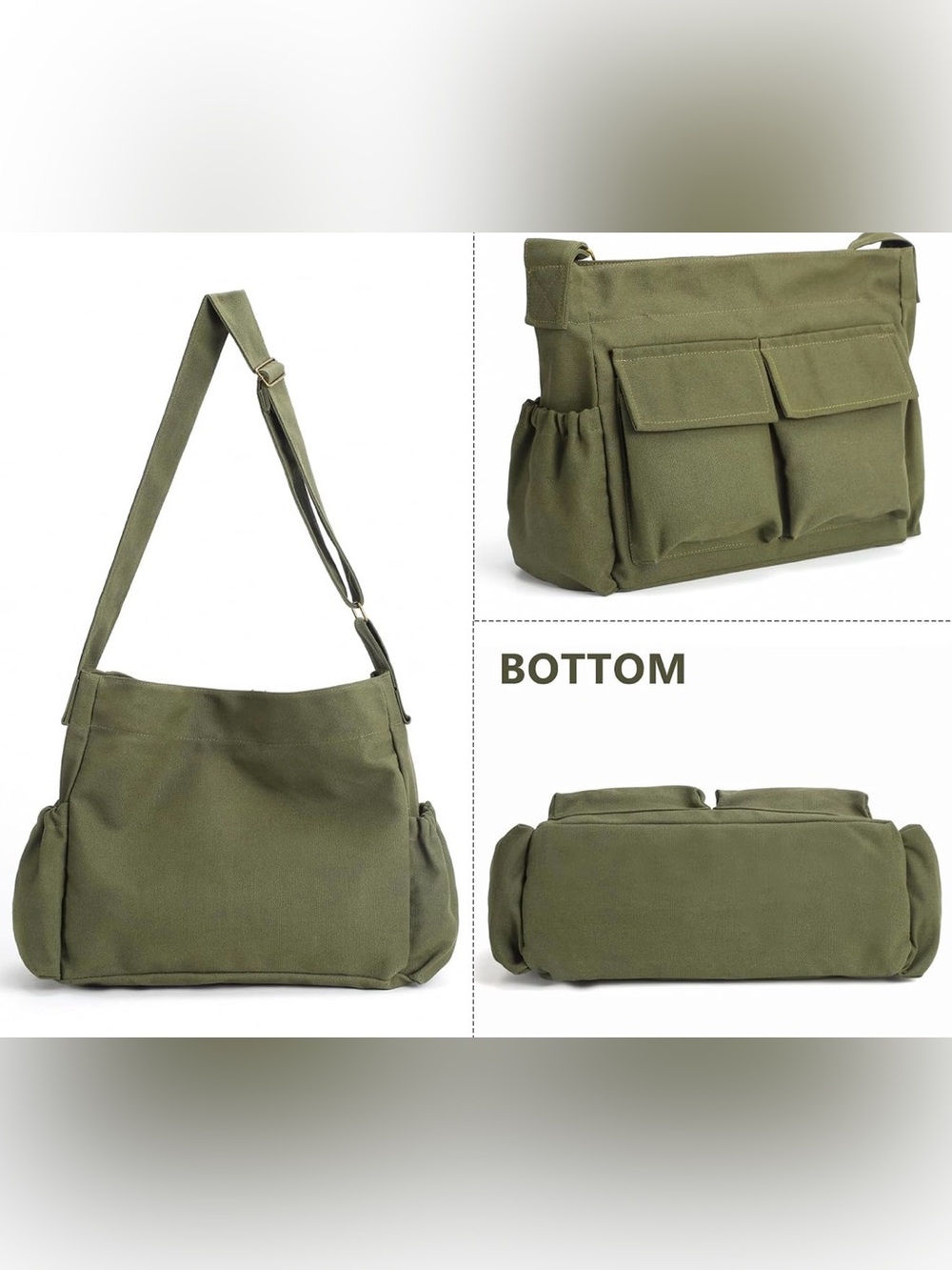 Military Style Canvas Messenger Large Hobo Bag Crossbody Shoulder Laptop Bag - Picture 4 of 7